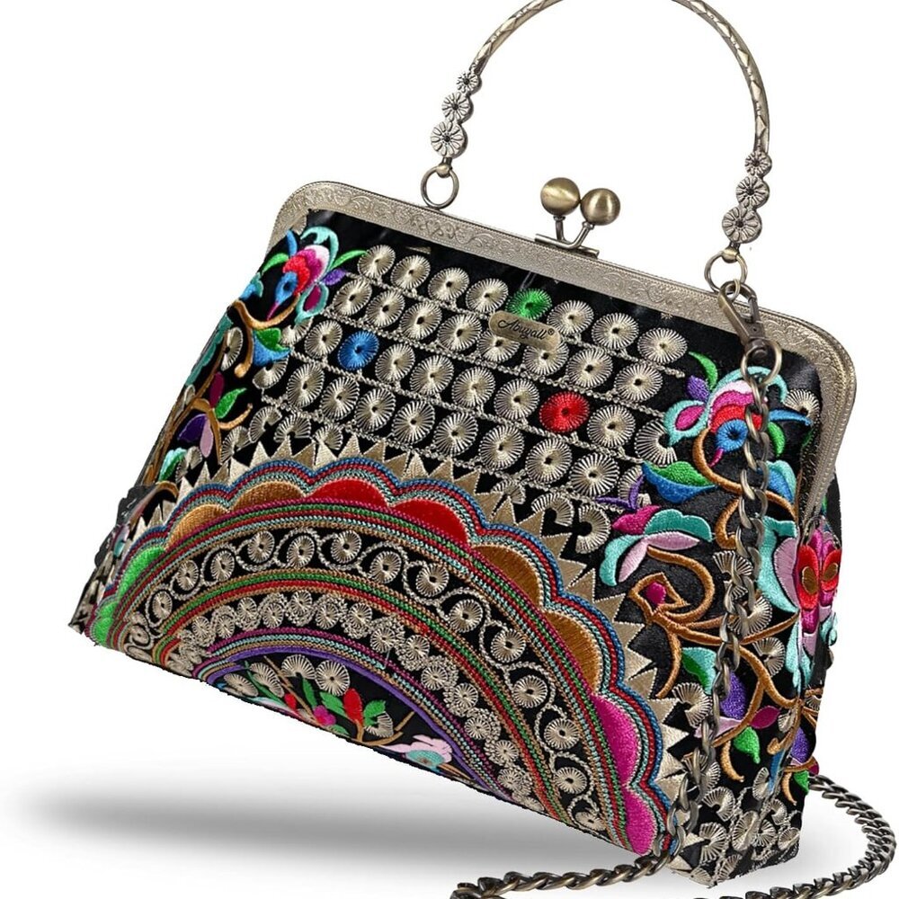 Floral Top-Handle Handbag, Kiss Lock Evening Bag for Women, Vintage Handbag